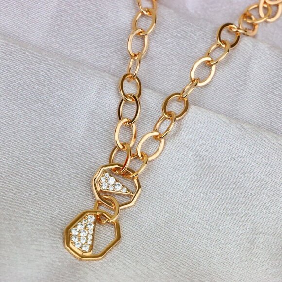 "Rose Gold Chunky Chain Necklace with Crystal Geometric Charms, XPNL1889 - Picture 2 of 12